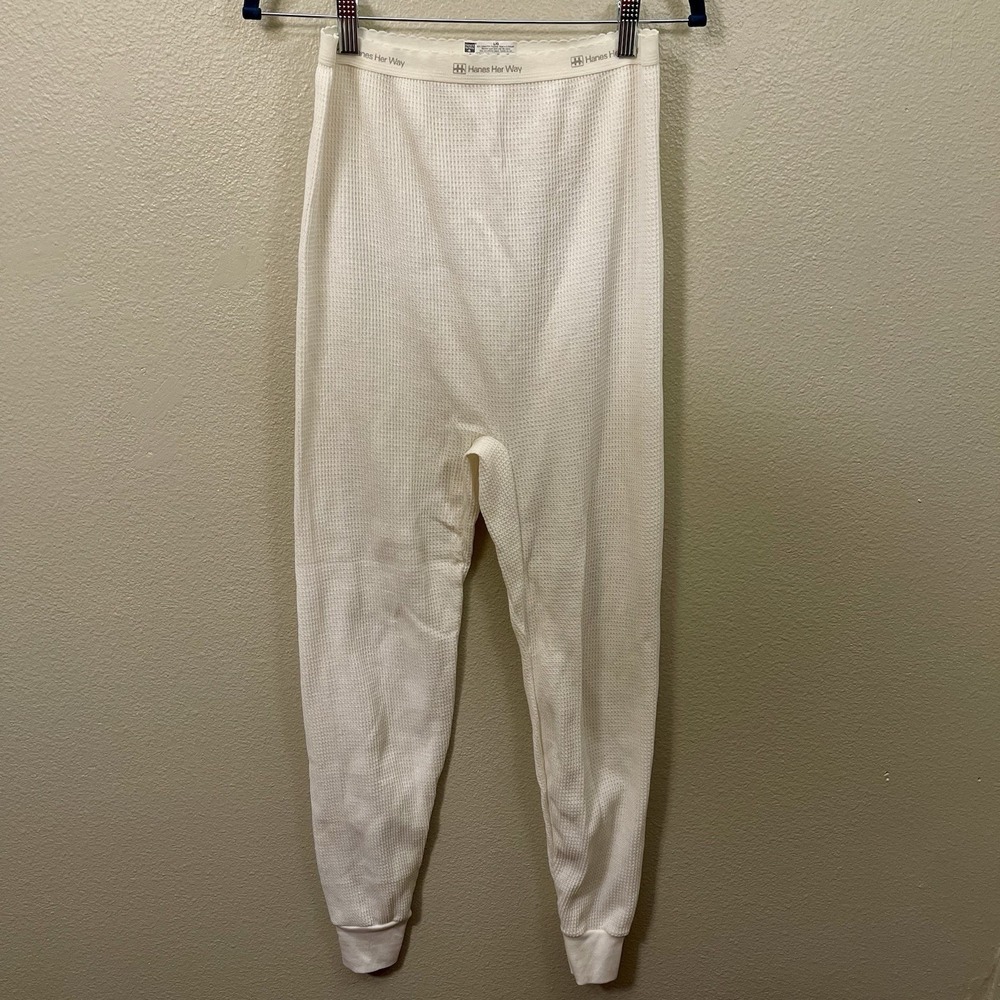 Hanes Her Way Thermal Waffle Knit Leggings Long Johns Base Layer Ivory Ski Sz L